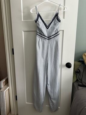 Japna Blue and White Striped Spaghetti Strap Jumpsuit with Navy Trim